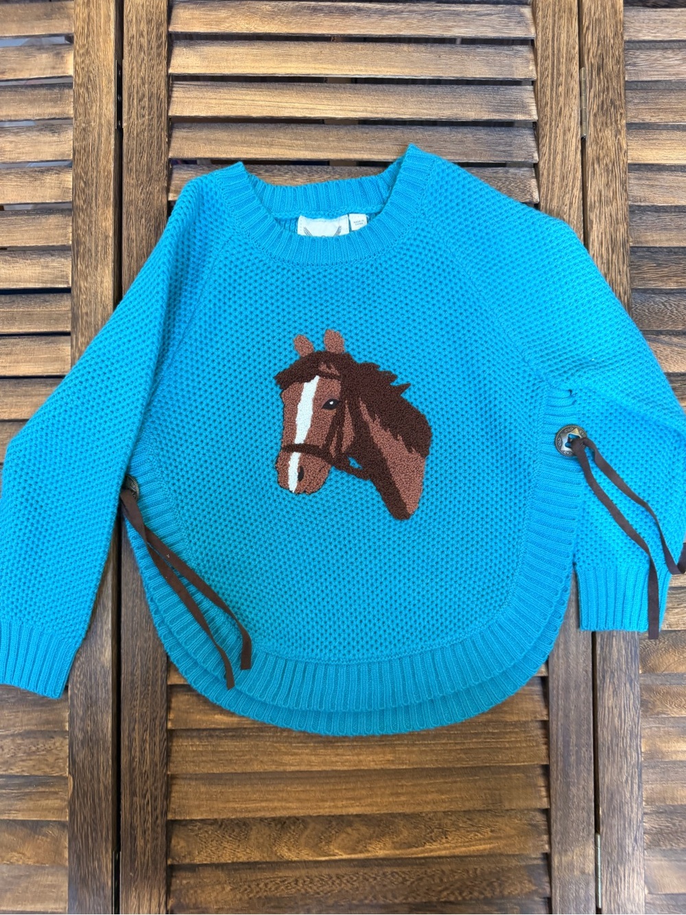 Turquoise Sweater with Horse Motif and Side Concho Tie Detail Girls Small 6/7